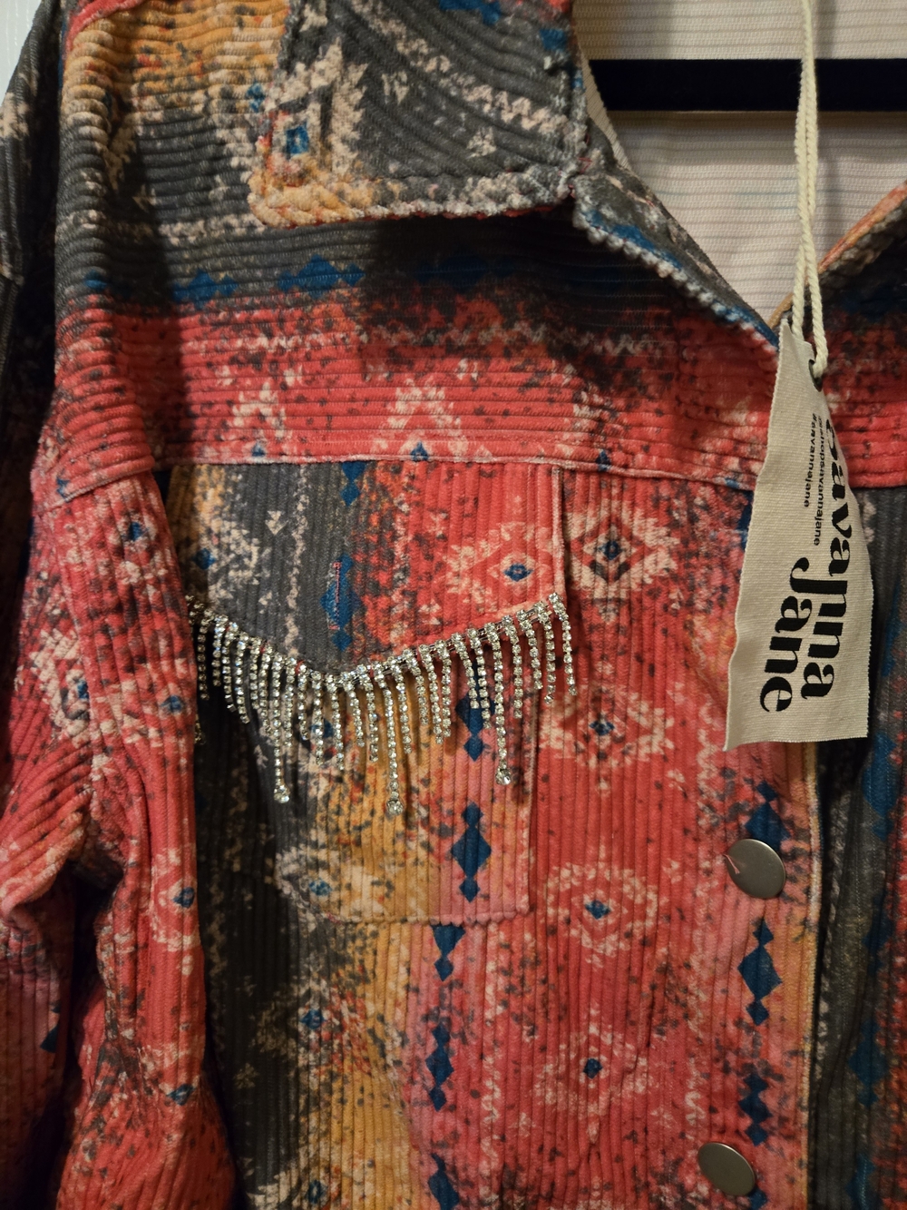 Savanna Jane Women's Red Patterned Fringe Corduroy Jacket - Picture 5 of 12
